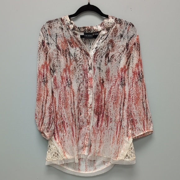 EUC Tribal Buttoned Blouse with Mandarin Collar And Lace Accents. Size Small - Picture 1 of 6